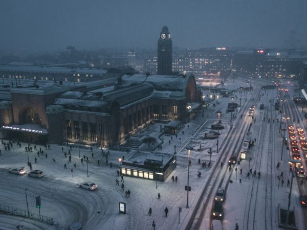 aerial photography of street at night covered with snow